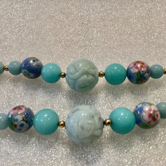 Vintage Blue Beaded Necklace With Carved and Cloisonné Style Gemstone Beads - Picture 5 of 9